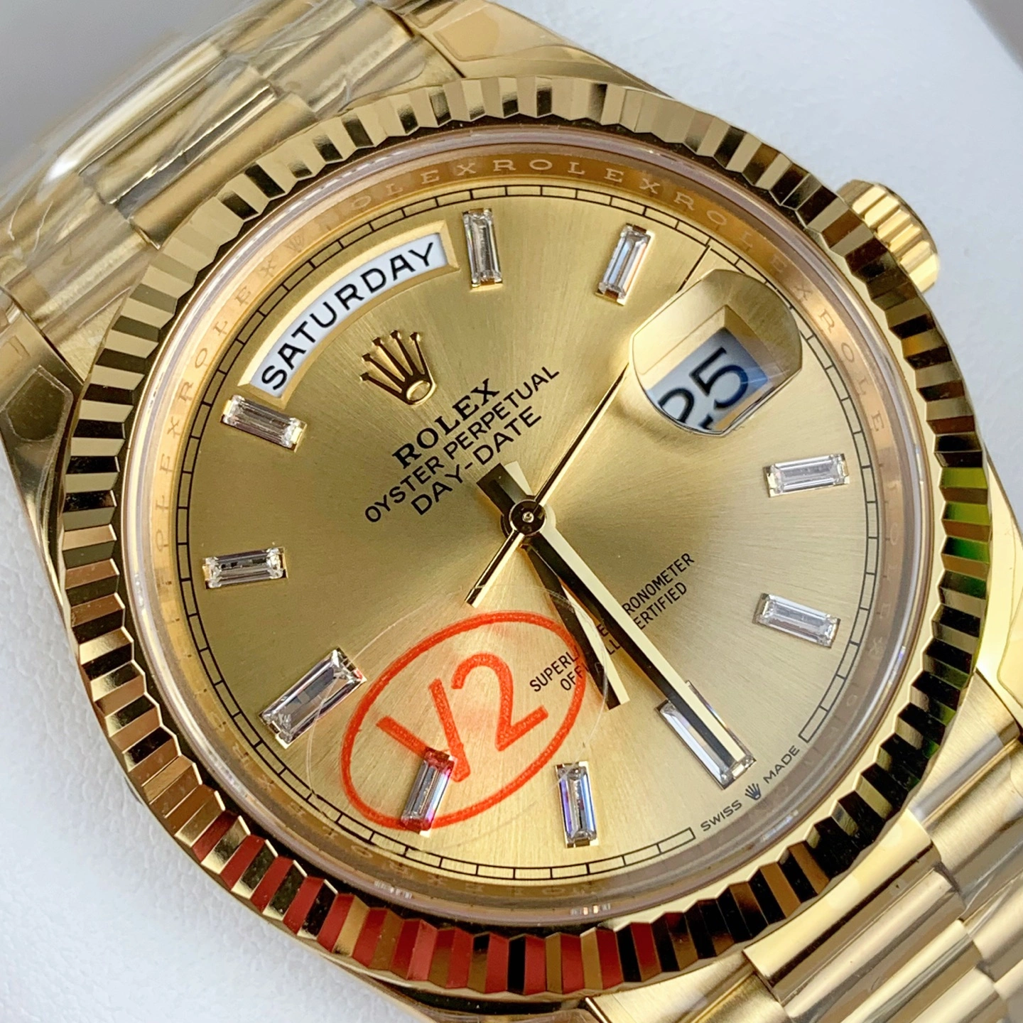 Casual CBD Factory Rolex Day-Date 40 Yellow Gold Champagne Baguette Diamond Dial (228238) V2 1:1 Super Clone – DD3255 Movement 130