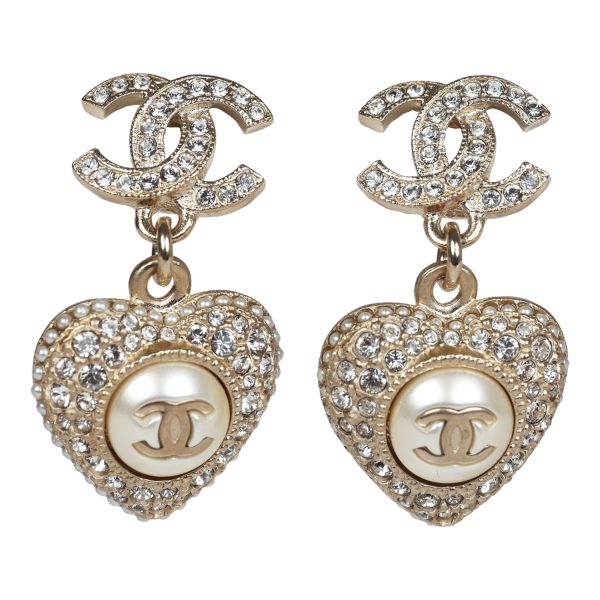 Chanel Crystal Heart Dangle CC Earrings Faux Pearl Light Gold Metal 1 Chanel Crystal Heart Dangle CC Earrings Faux Pearl Light Gold Metal
