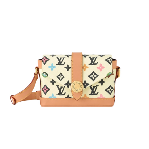 M83346 Vanilla Monogram Craggy coated canvas Cowhide leather trim Envelope Wearable Wallet 1 M83346 Vanilla Monogram Craggy coated canvas Cowhide leather trim Envelope Wearable Wallet Inspired by the envelope design of the Louis Vuitton Cruiser travel bag, the Envelope Wearable Wallet features a triangular flap that closes with a Wavy magnetic button. The Monogram canvas has been reinterpreted by Tyler, into his colorful Craggy style, meaning drawn by hand, with daisies and fox terriers added to the pattern. 19 x 12 x 7 cm (length x height x width ) Vanilla Monogram Craggy coated canvas Cowhide-leather trim Textile lining Polished gold-color hardware One large compartment Inside flat pocket Magnetic flap closure Strap : Not removable, adjustable Strap Drop : 40.0 cm Strap Drop Max. : 55.0 cm This reference is either Made in France, Spain, Italy or in the US.